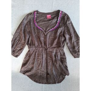 Free People Women's Small Brown/Multicolor Plaid‎ Drawstring Long-Sleeve Blouse